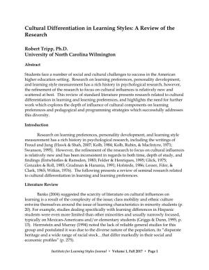 Cultural Differentiation in Learning Styles: a Review of the Research