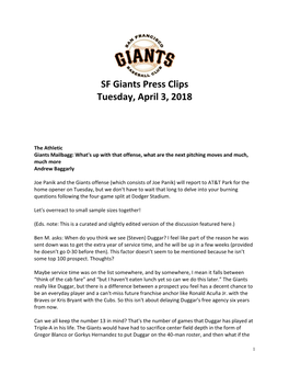 SF Giants Press Clips Tuesday, April 3, 2018