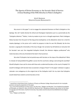 The Aporia of Divine Economy Vs. the Socratic Ideal of Service: a Close Reading of the Fifth Elenchus in Plato’S Euthyphro