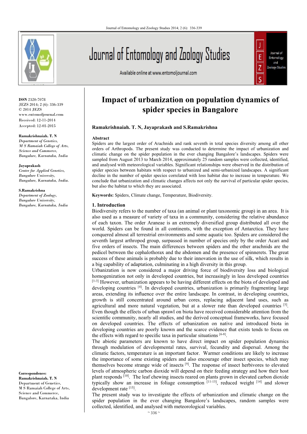 Impact of Urbanization on Population Dynamics of Spider Species In