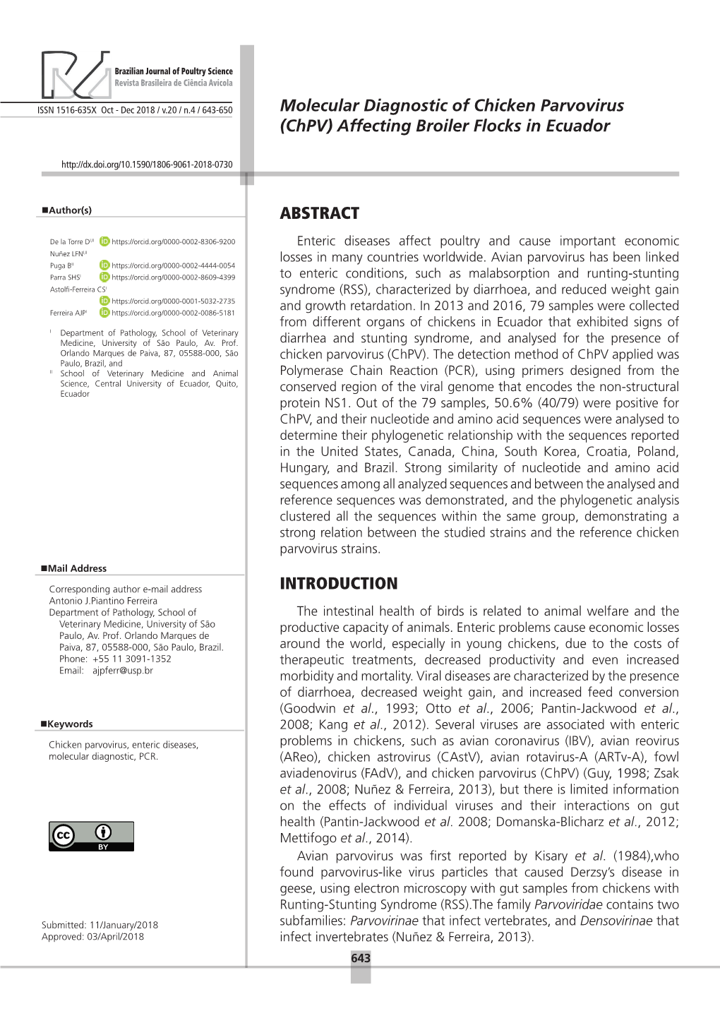 Molecular Diagnostic of Chicken Parvovirus (Chpv) Affecting Broiler Flocks in Ecuador