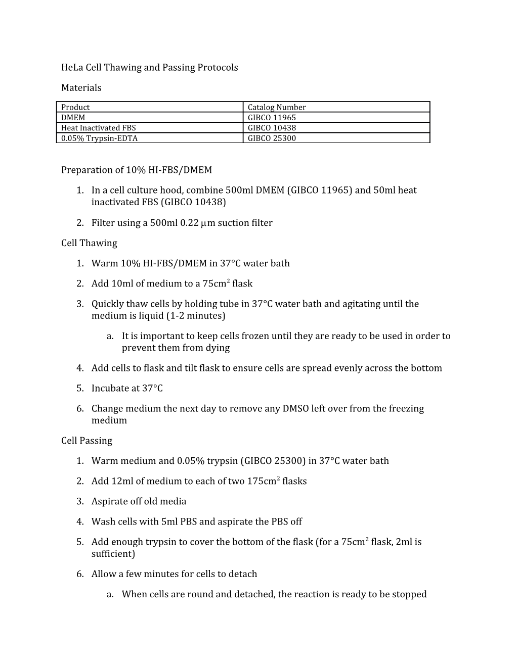 Hela Cell Thawing and Passing Protocols