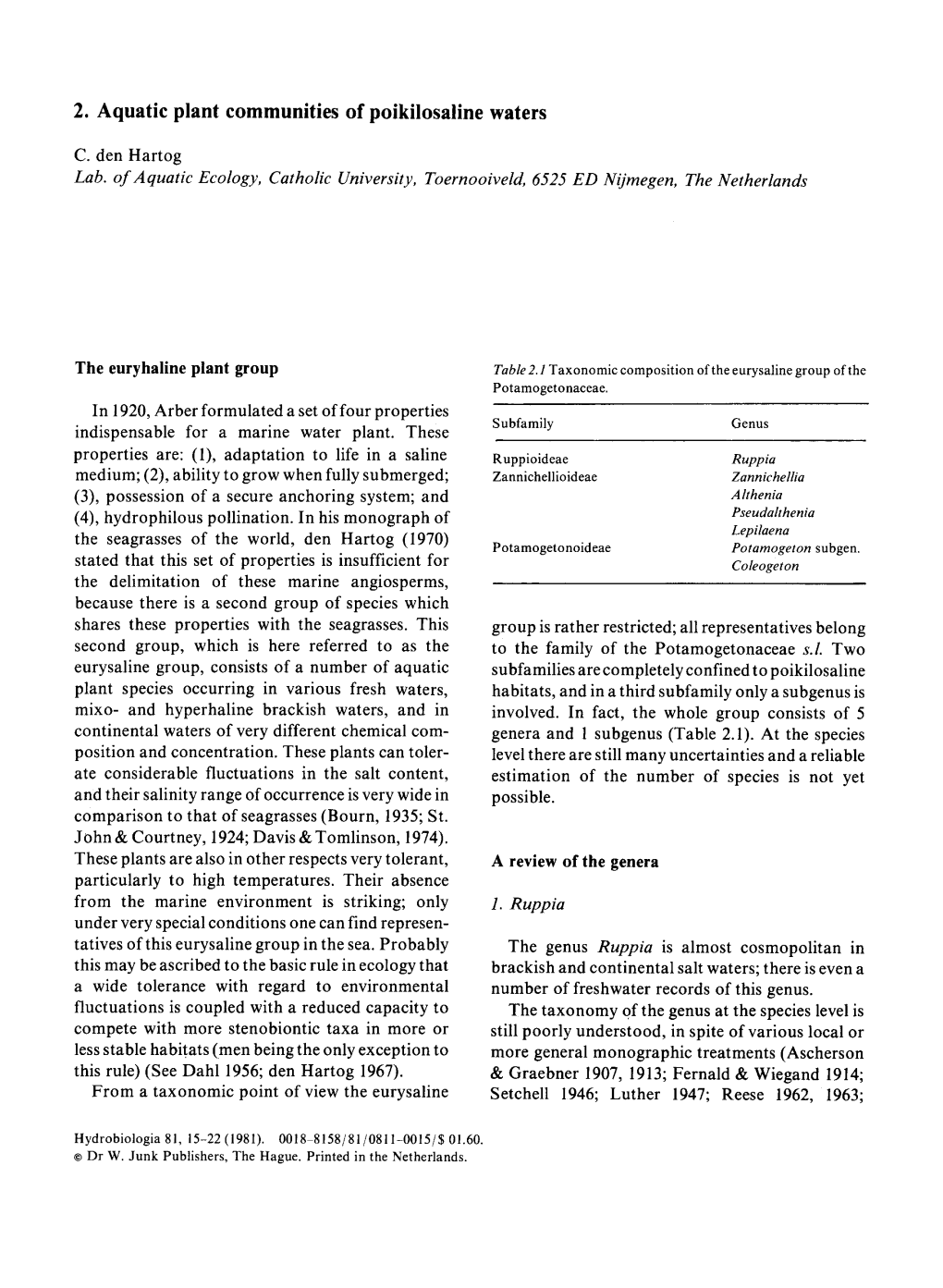 2. Aquatic Plant Communities of Poikilosaline Waters