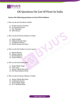 GK Questions on List of Firsts in India