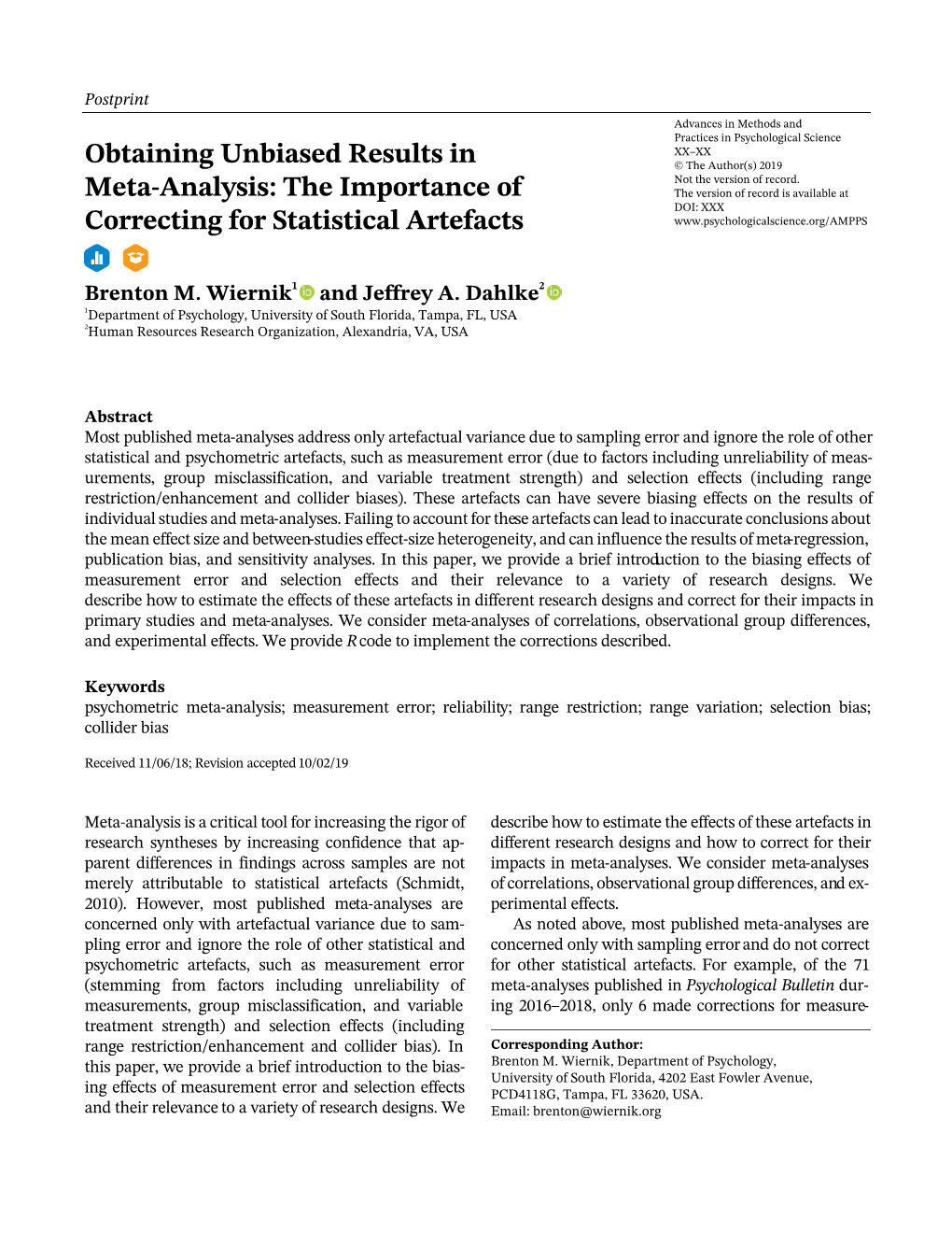 Artefact Corrections in Meta-Analysis