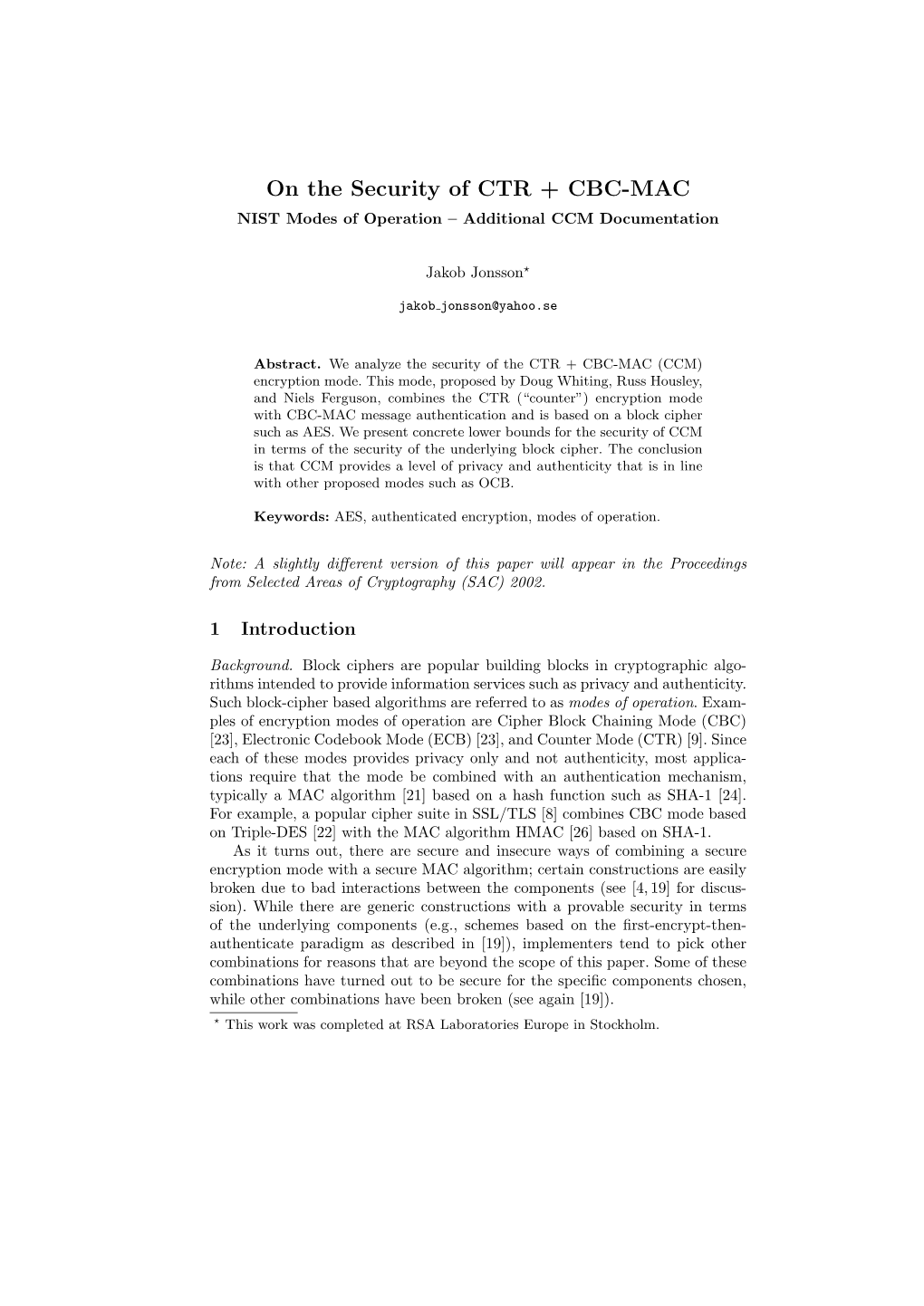 On the Security of CTR + CBC-MAC NIST Modes of Operation – Additional CCM Documentation