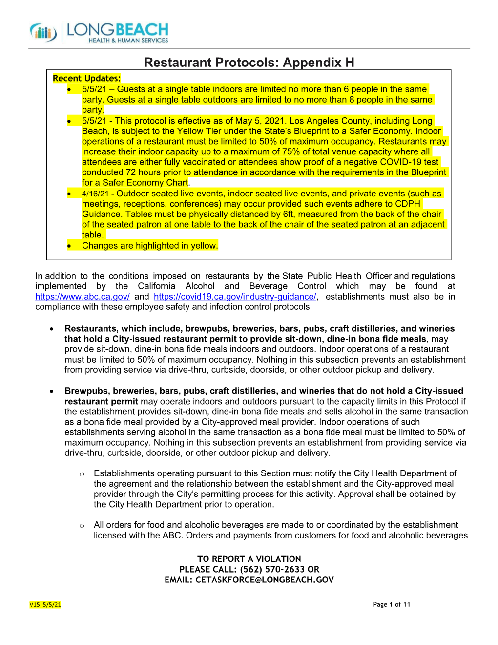 Appendix H Recent Updates: • 5/5/21 – Guests at a Single Table Indoors Are Limited No More Than 6 People in the Same Party
