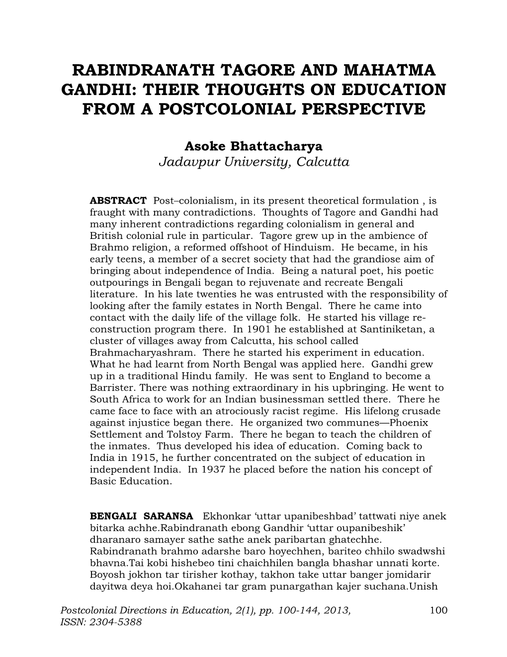 Rabindranath Tagore and Mahatma Gandhi: Their Thoughts on Education from a Postcolonial Perspective