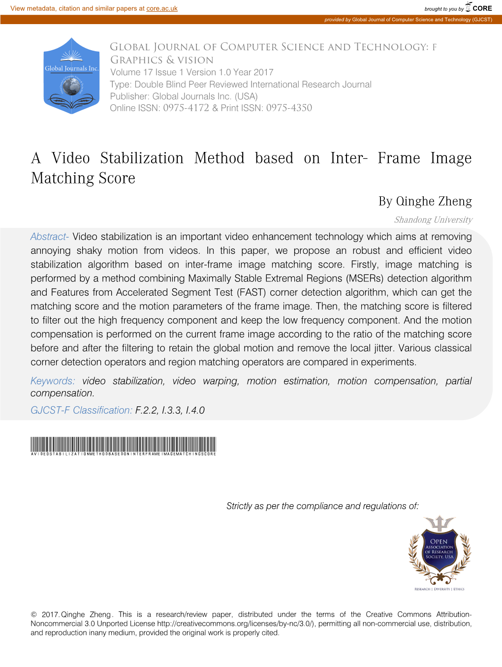 A Video Stabilization Method Based on Inter-Frame Image Matching Score