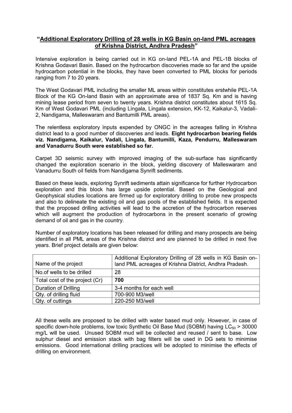 “Additional Exploratory Drilling of 28 Wells in KG Basin On-Land PML Acreages of Krishna District, Andhra Pradesh”