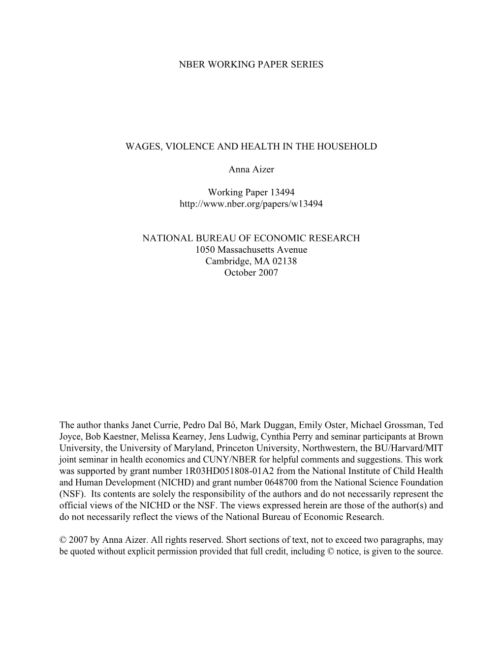 Nber Working Paper Series Wages, Violence and Health