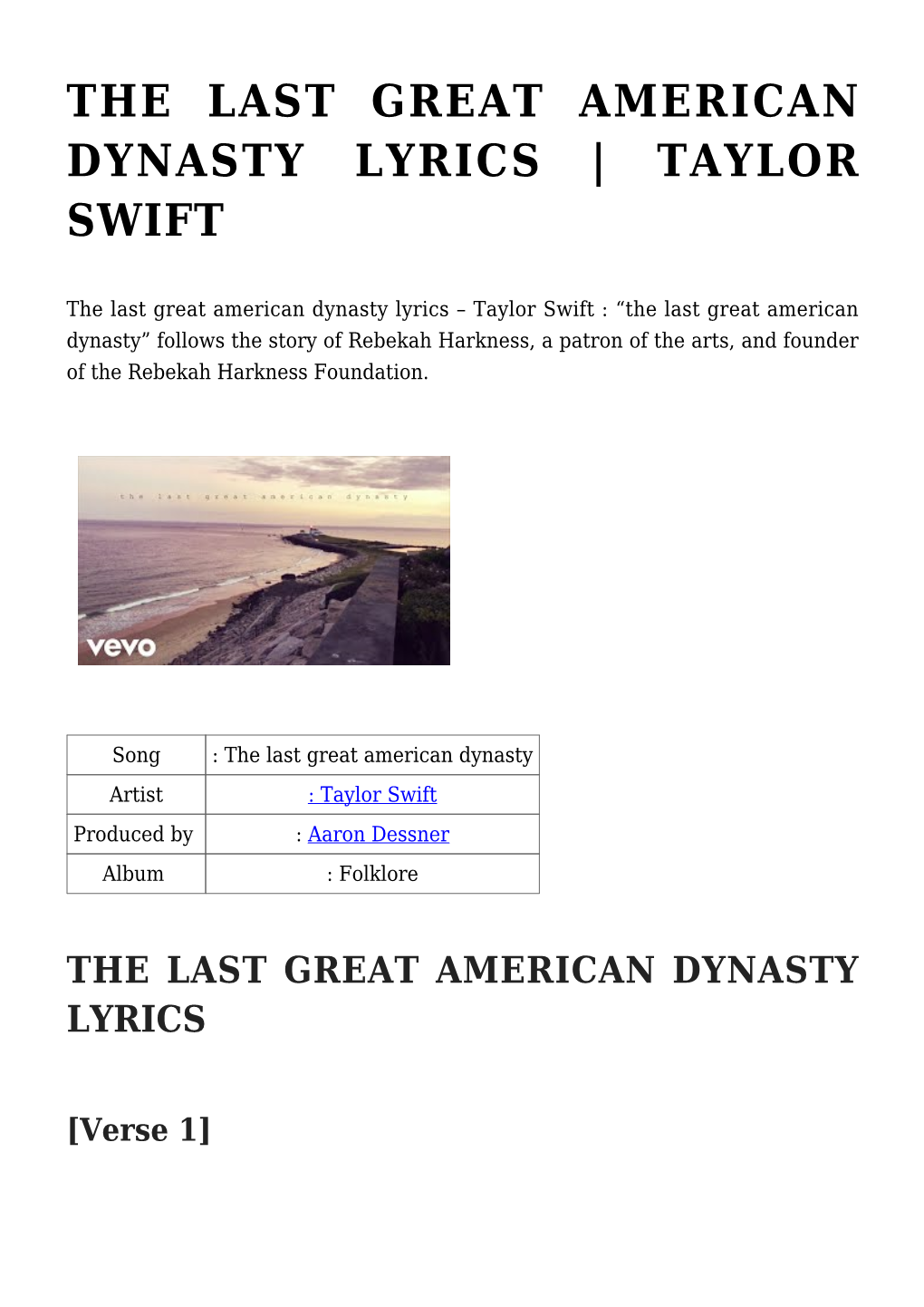 The Last Great American Dynasty Lyrics | Taylor Swift