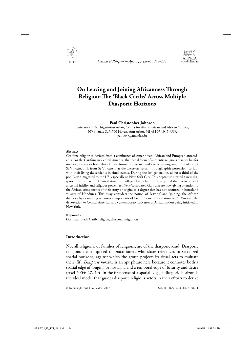 On Leaving and Joining Africanness Through Religion: the 'Black Caribs' Across Multiple Diasporic Horizons