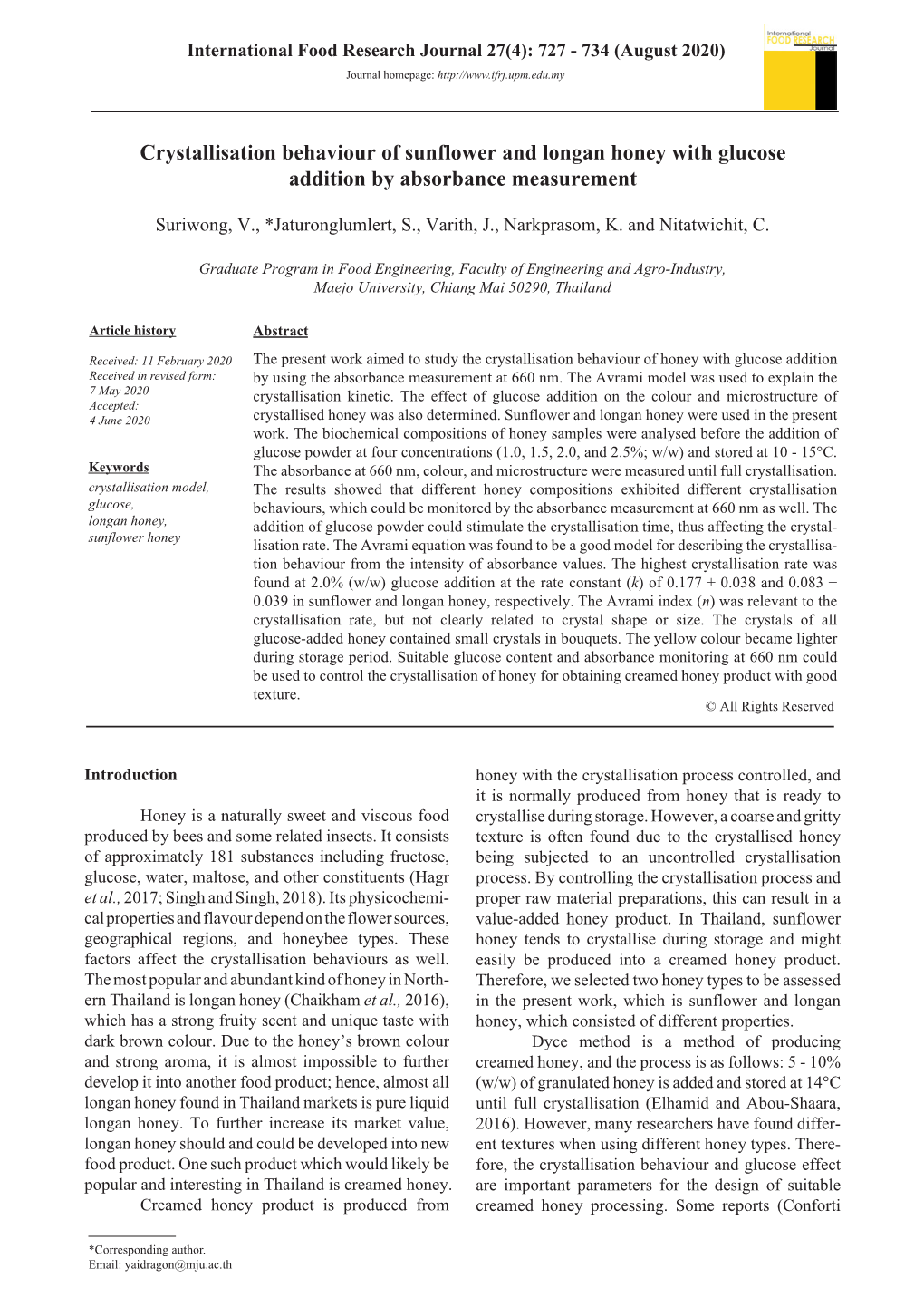 Crystallisation Behaviour of Sunflower and Longan Honey with Glucose Addition by Absorbance Measurement