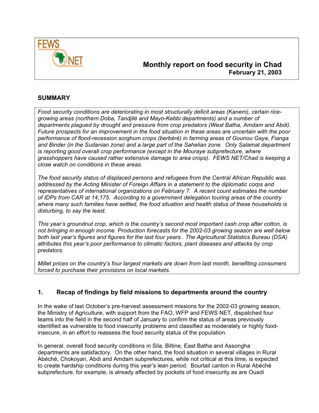 Monthly Report on Food Security in Chad February 21, 2003