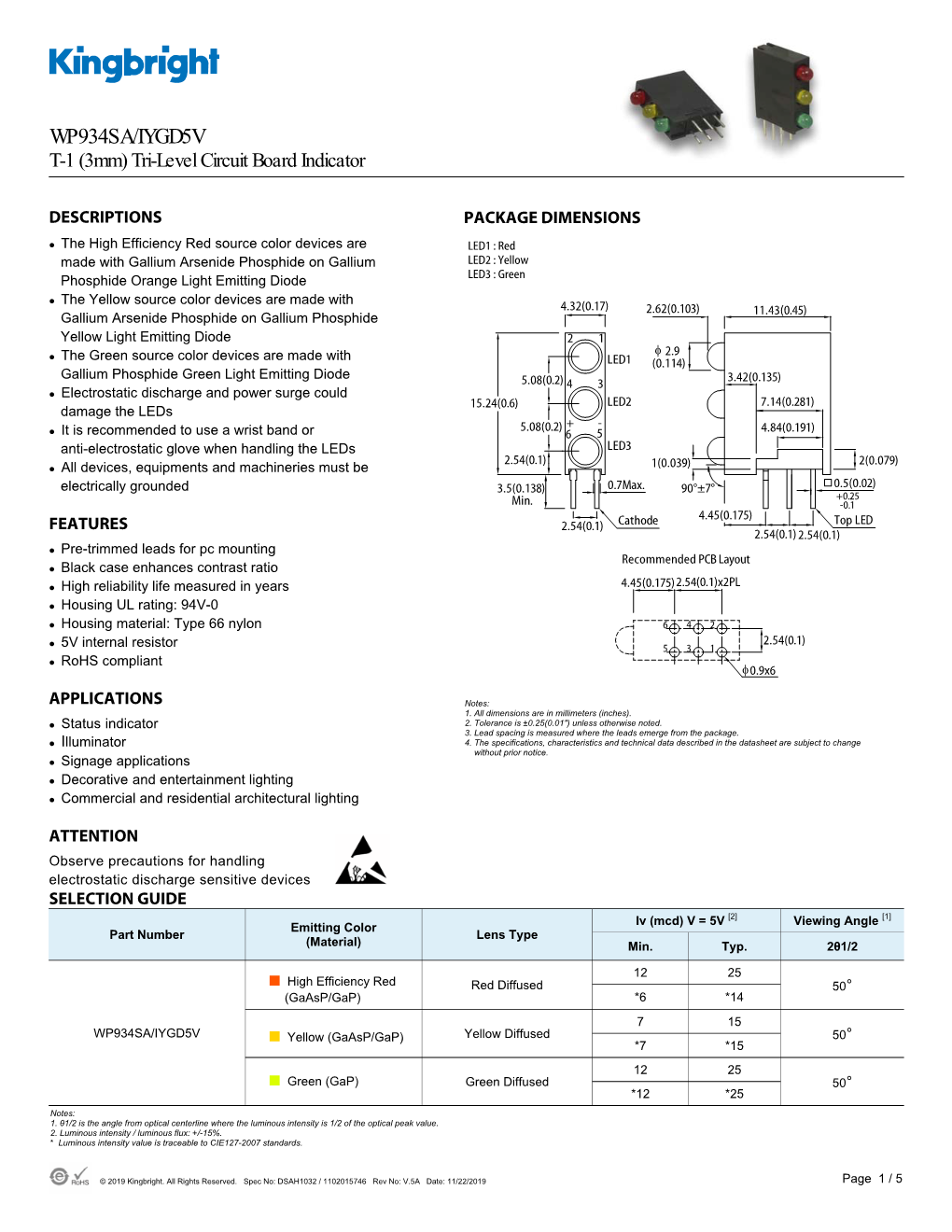 WP934SA/IYGD5V T-1 (3Mm) Tri-Level Circuit Board Indicator