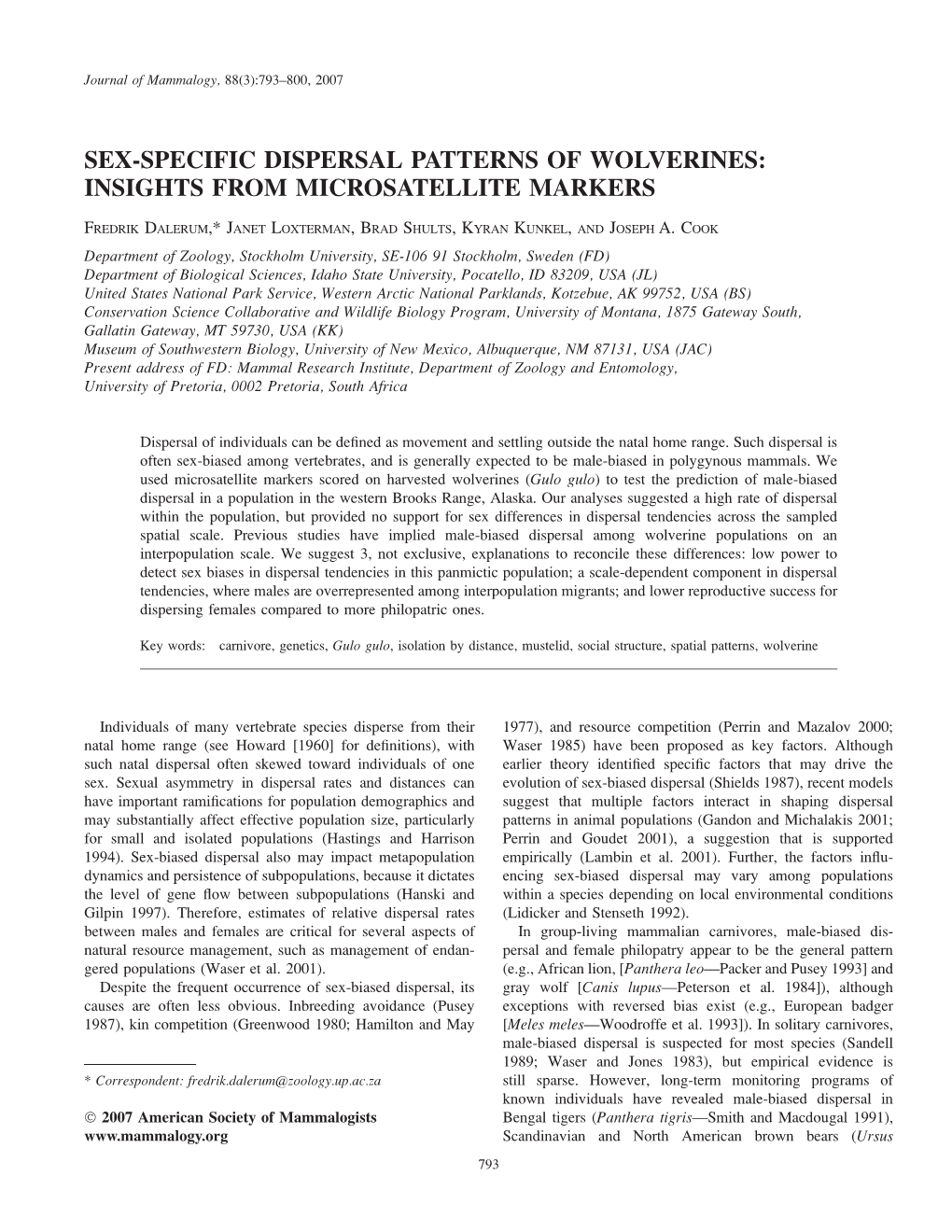 Sex-Specific Dispersal Patterns of Wolverines: Insights from Microsatellite Markers