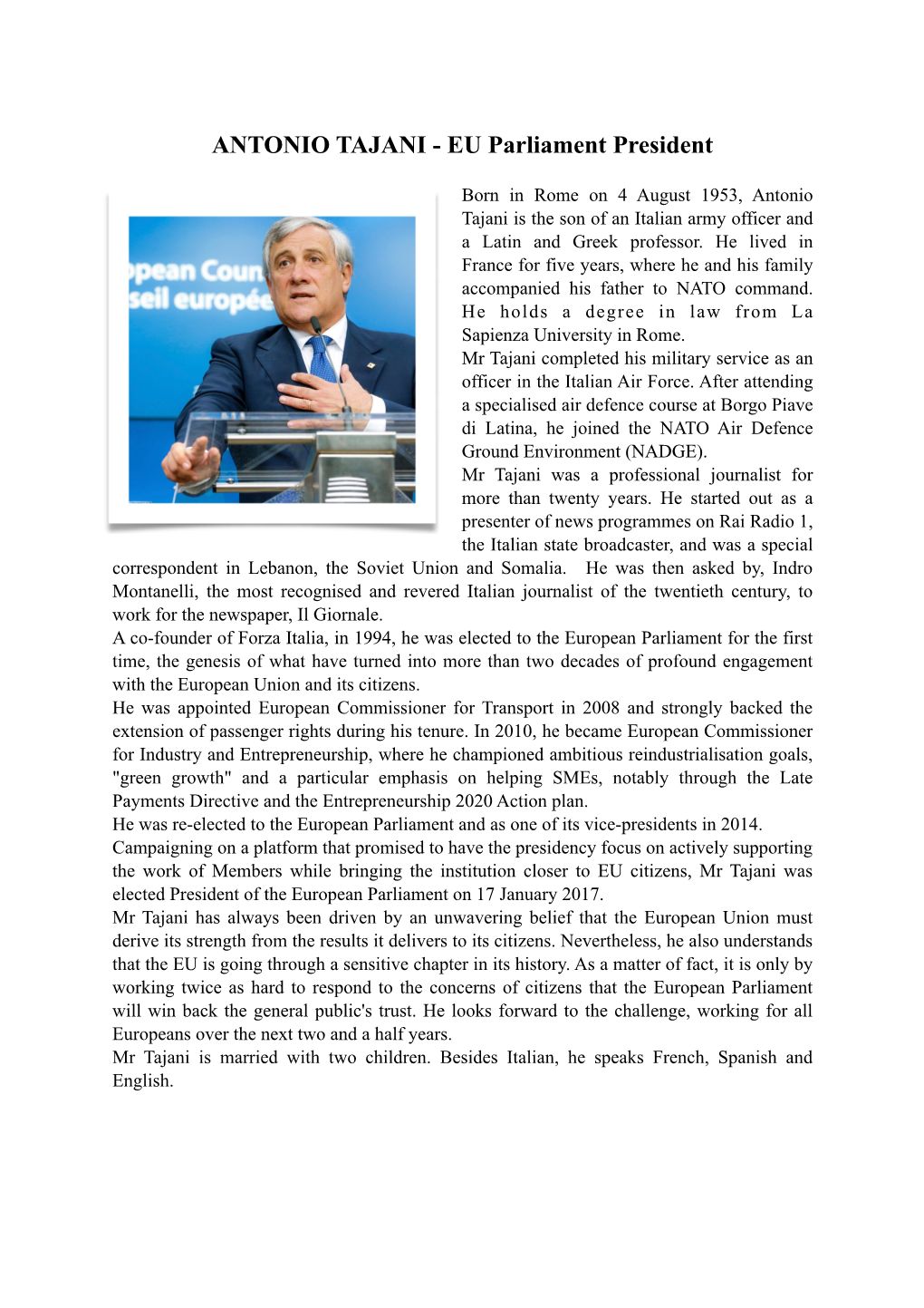 Biography President Tajani