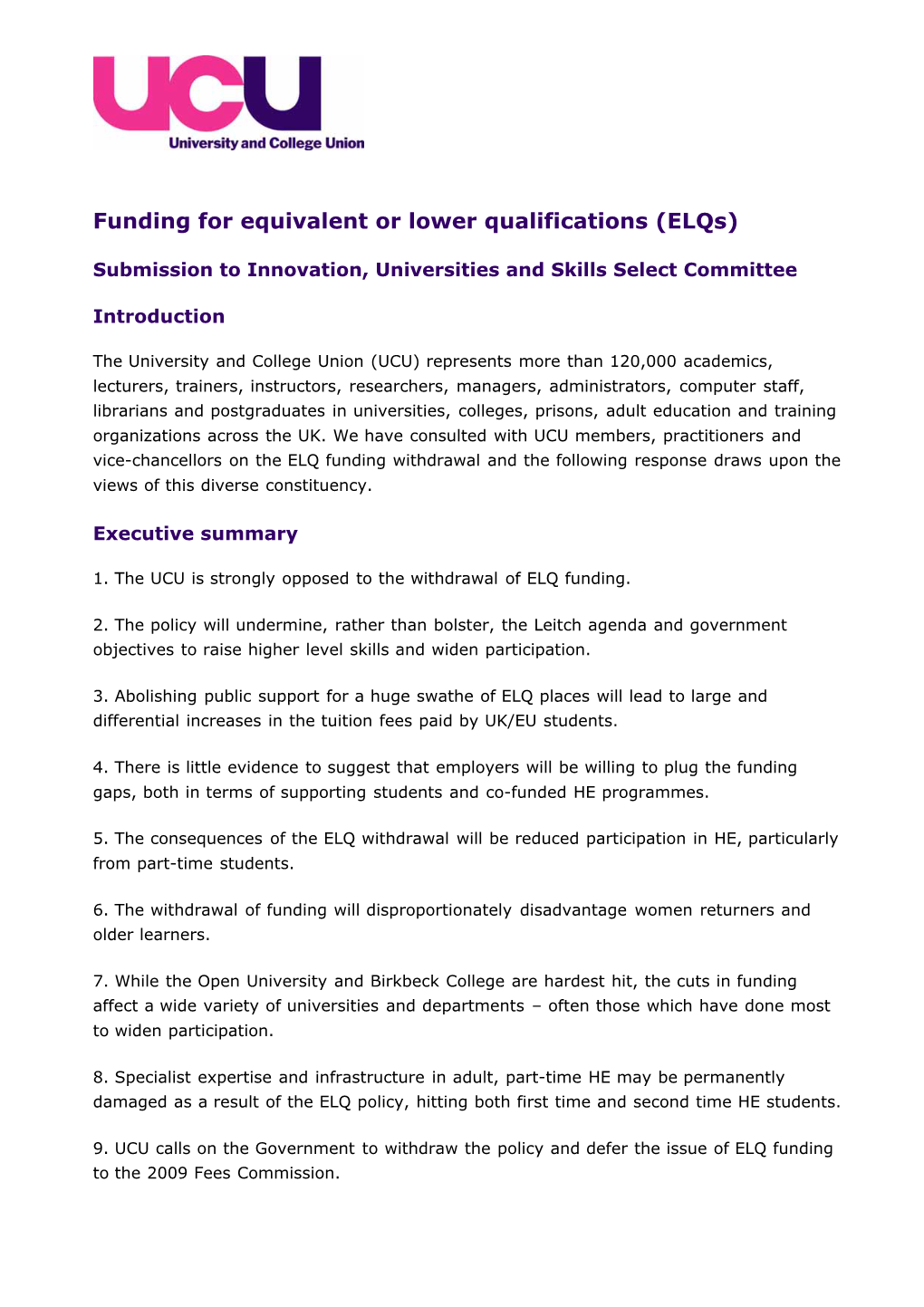 Funding for Equivalent Or Lower Qualifications (Elqs)