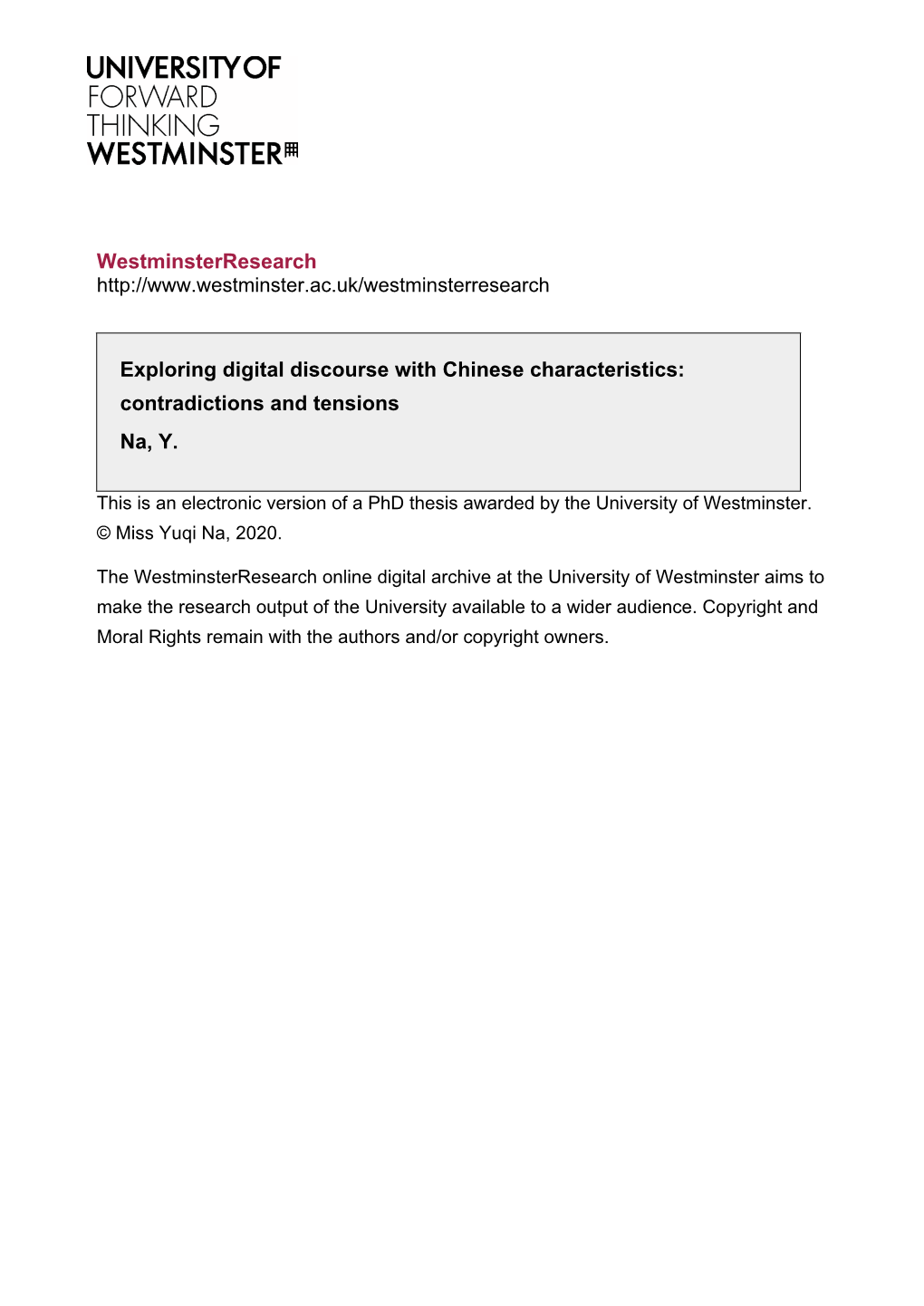 Westminsterresearch Exploring Digital Discourse with Chinese