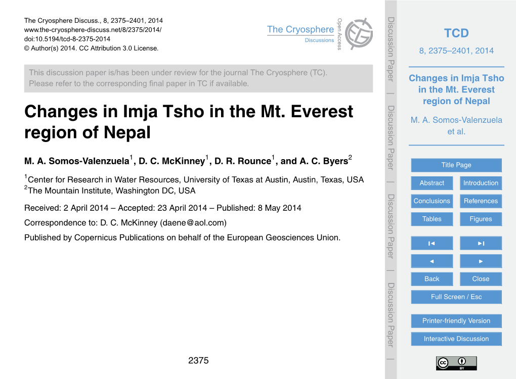 Changes in Imja Tsho in the Mt. Everest Region of Nepal