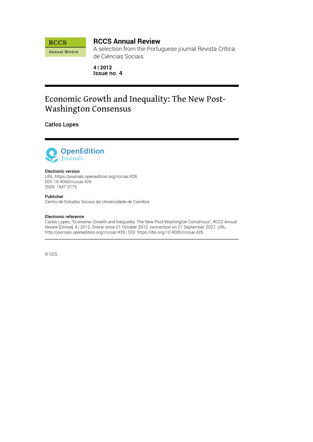 Economic Growth and Inequality: the New Post-Washington Consensus