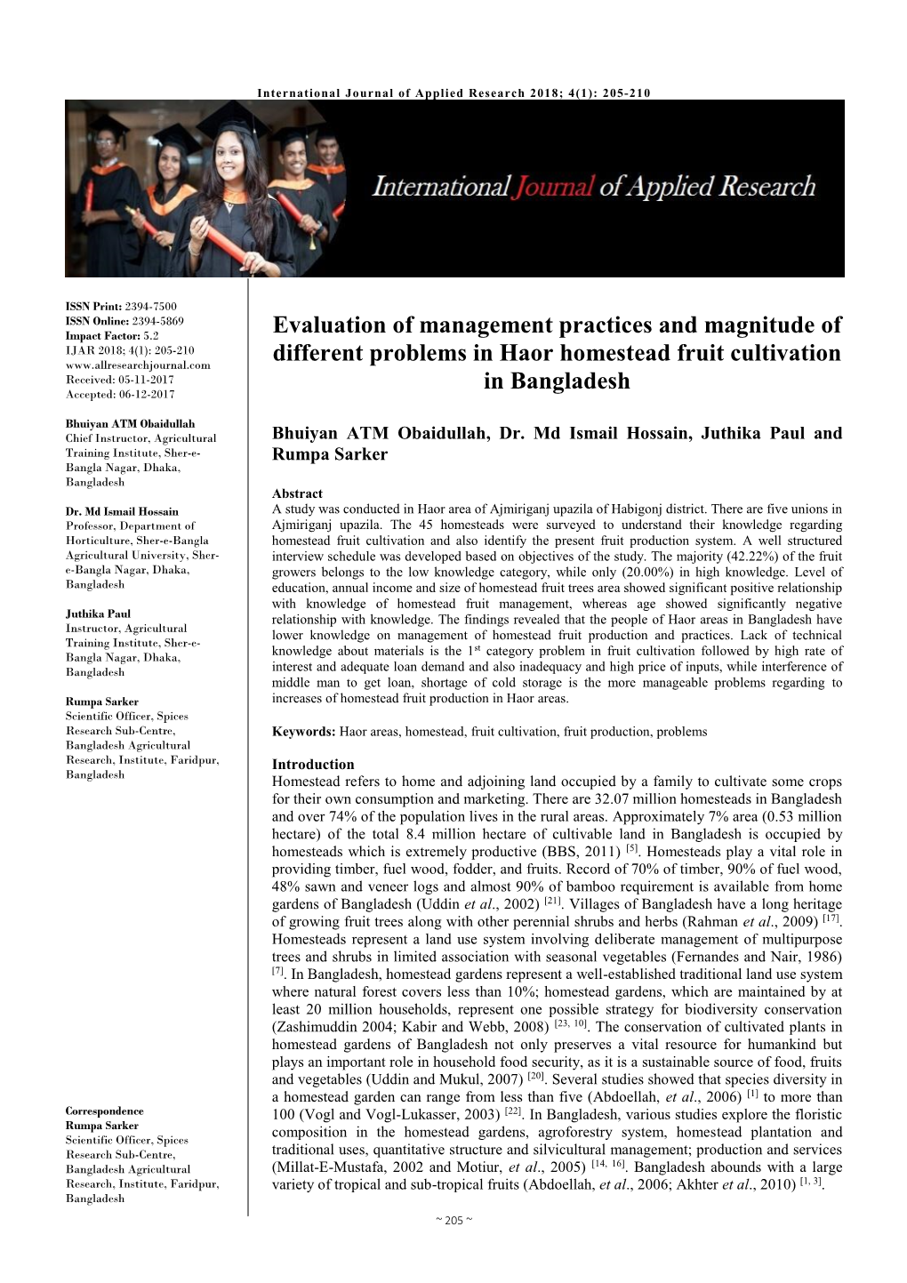 Evaluation of Management Practices and Magnitude of Different Problems in Haor Homestead Fruit Cultivation in Bangladesh