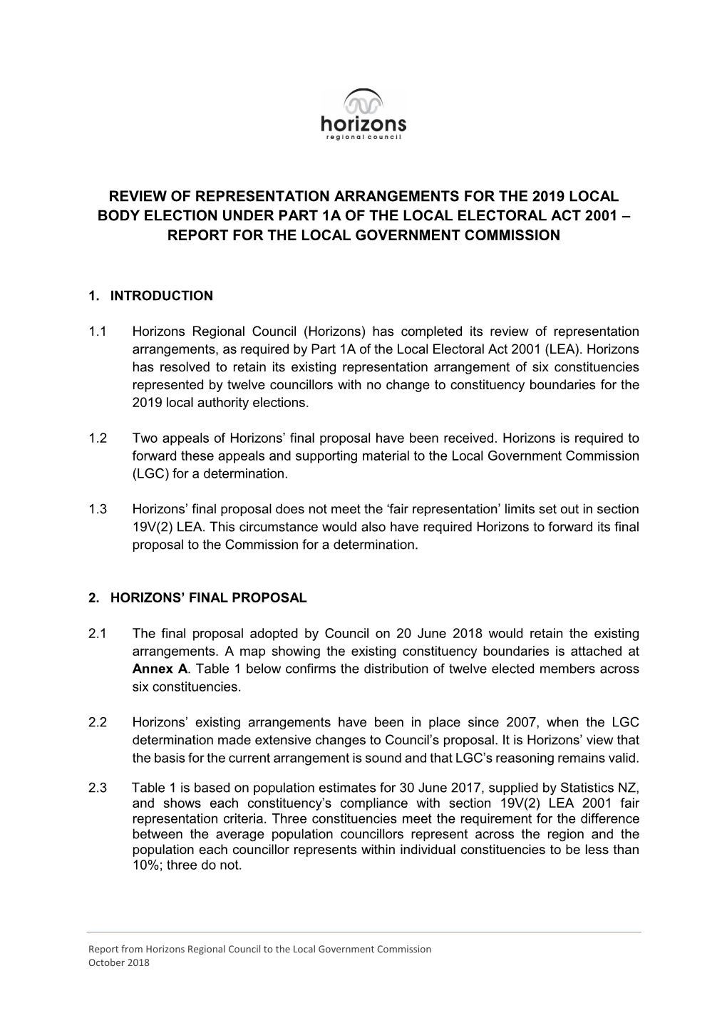 Review of Representation Arrangements for the 2019 Local Body Election Under Part 1A of the Local Electoral Act 2001 – Report for the Local Government Commission