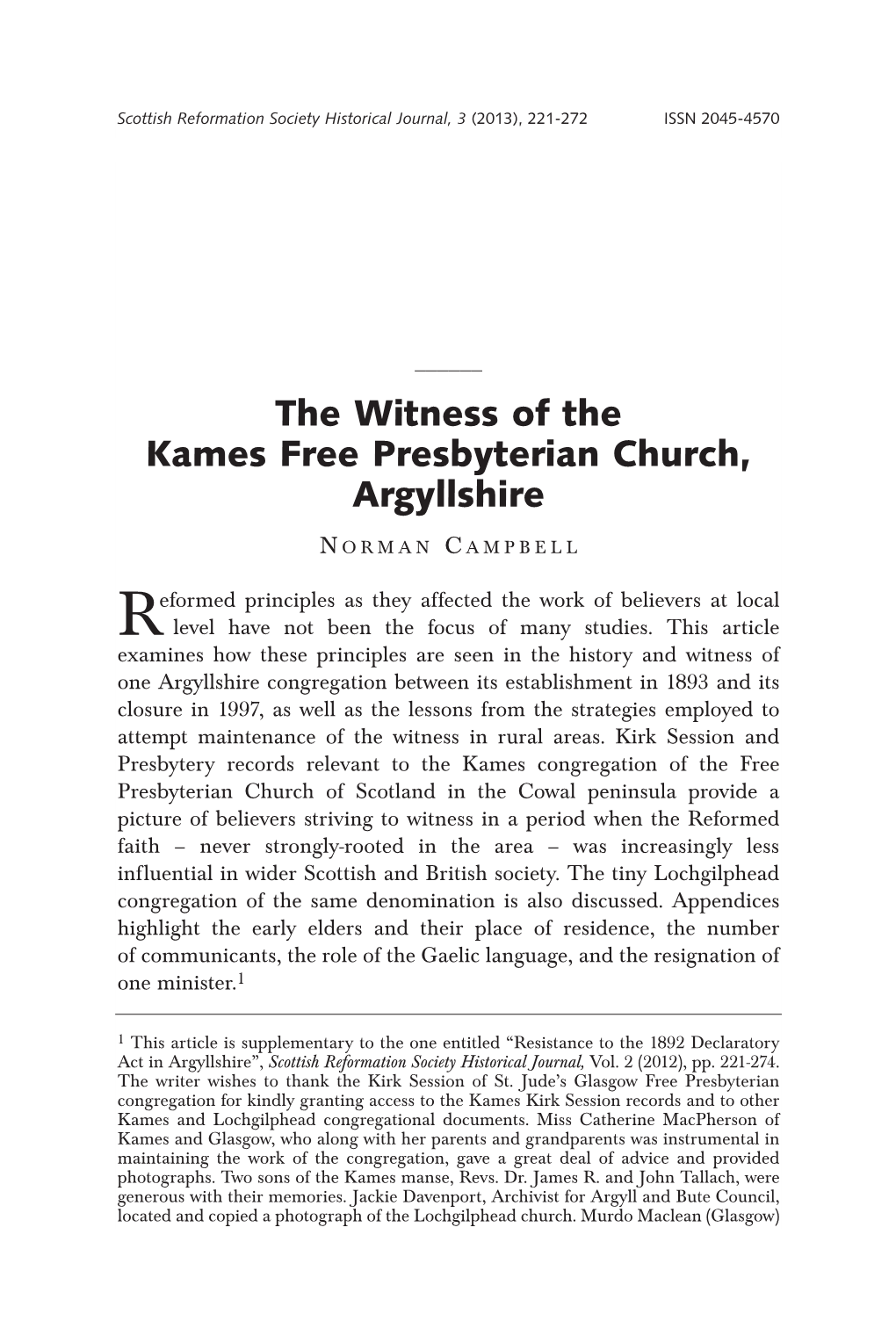 The Witness of the Kames Free Presbyterian Church, Argyllshire