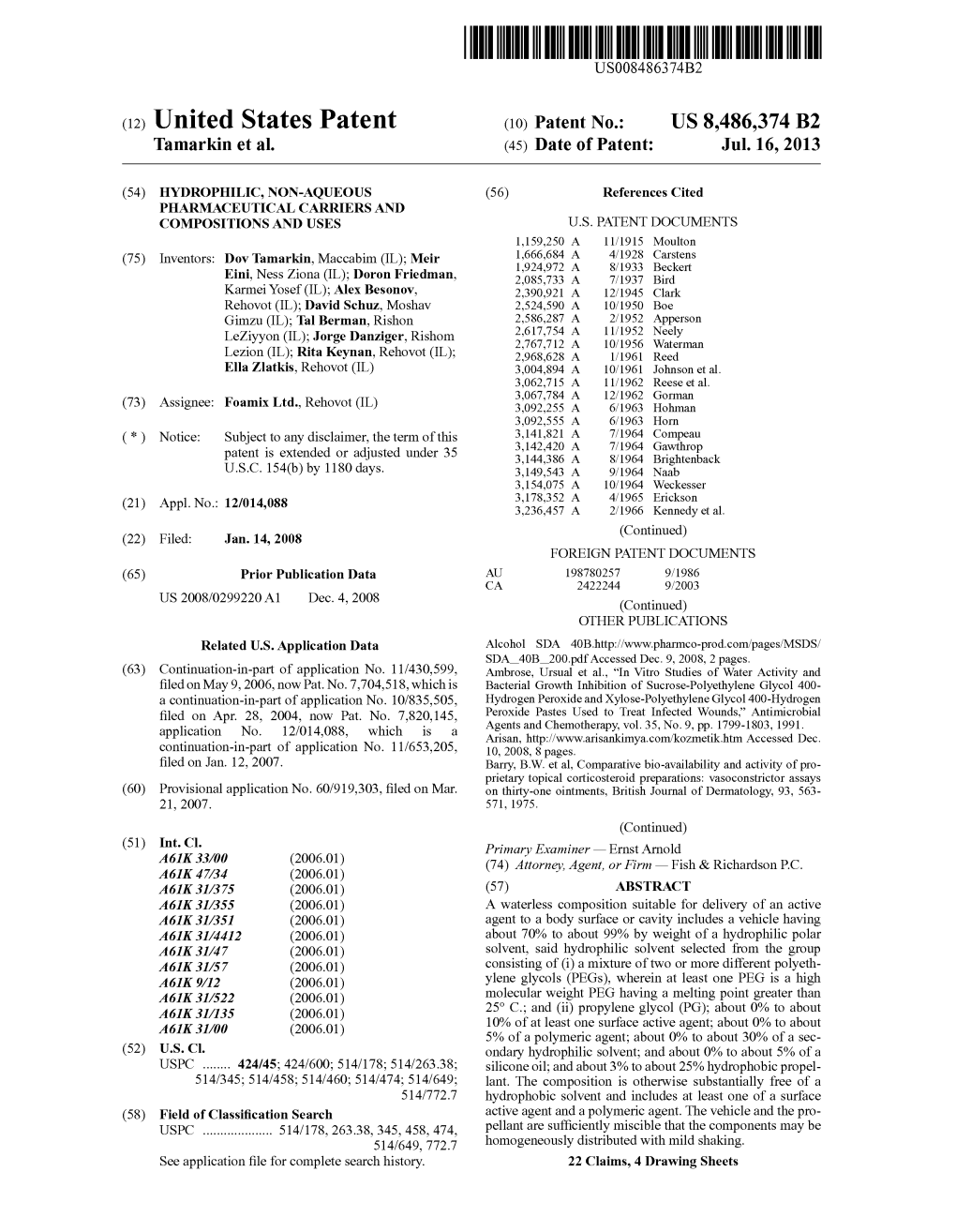 (12) United States Patent (10) Patent No.: US 8,486,374 B2 Tamarkin Et Al