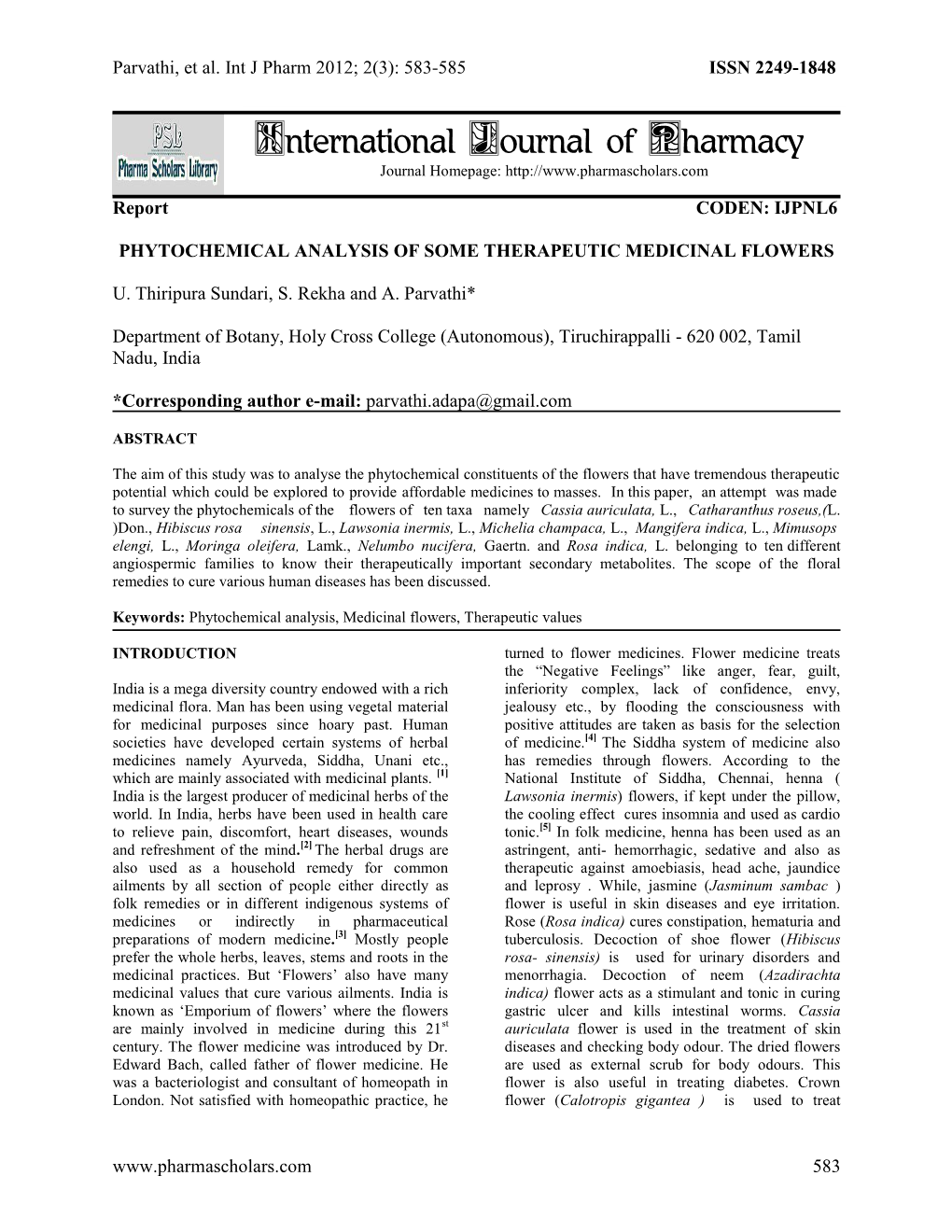 Phytochemical Analysis of Some Therapeutic Medicinal Flowers