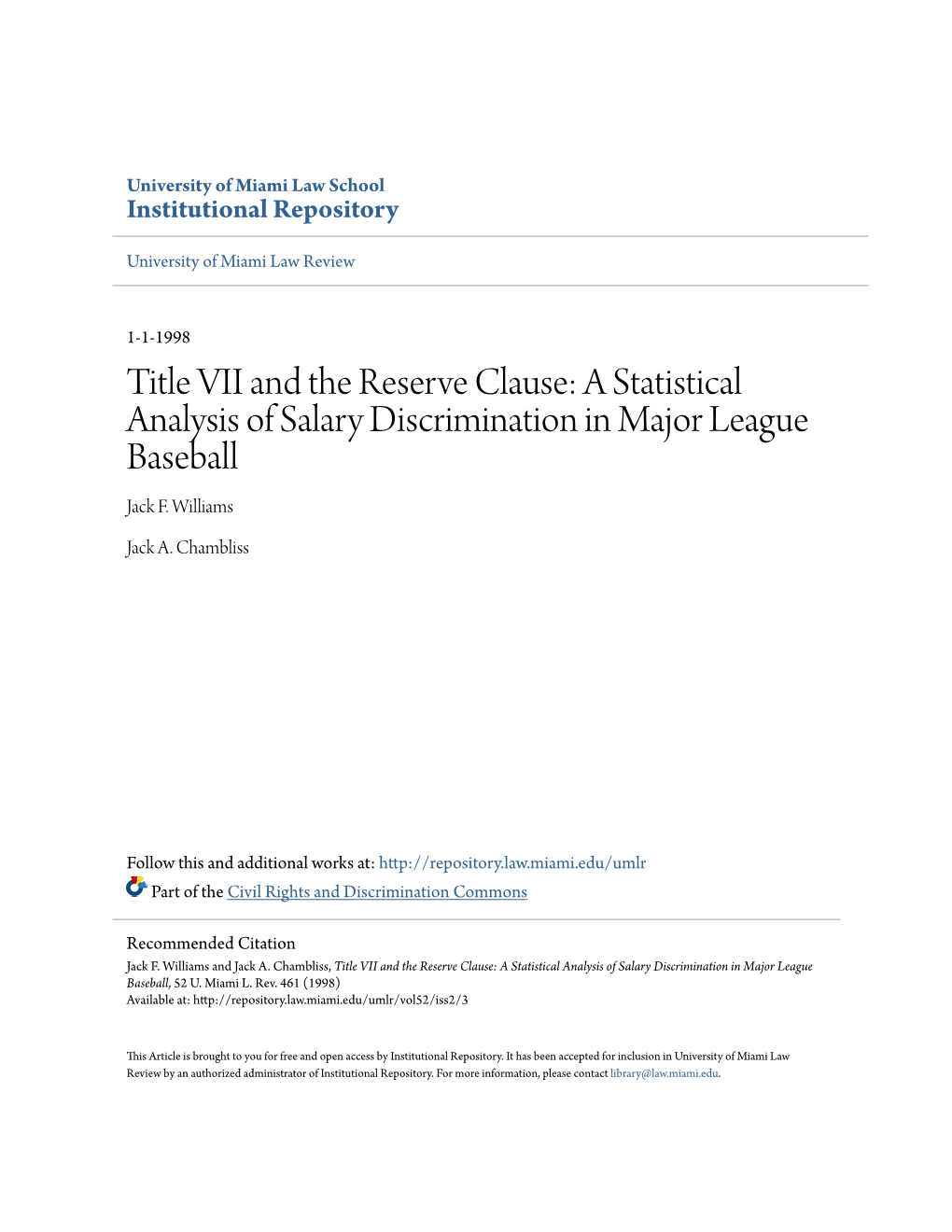 Title VII and the Reserve Clause: a Statistical Analysis of Salary Discrimination in Major League Baseball Jack F