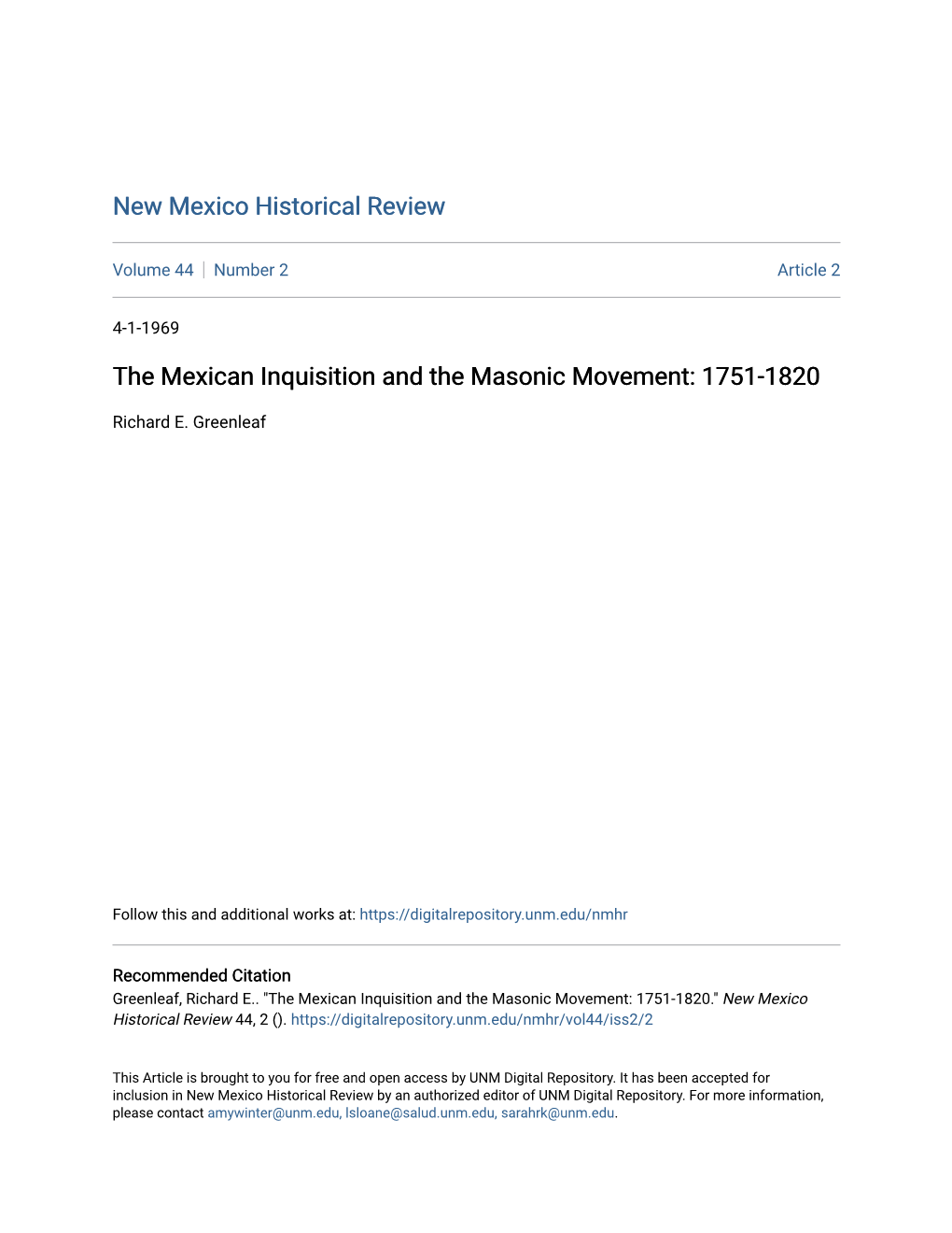The Mexican Inquisition and the Masonic Movement: 1751-1820