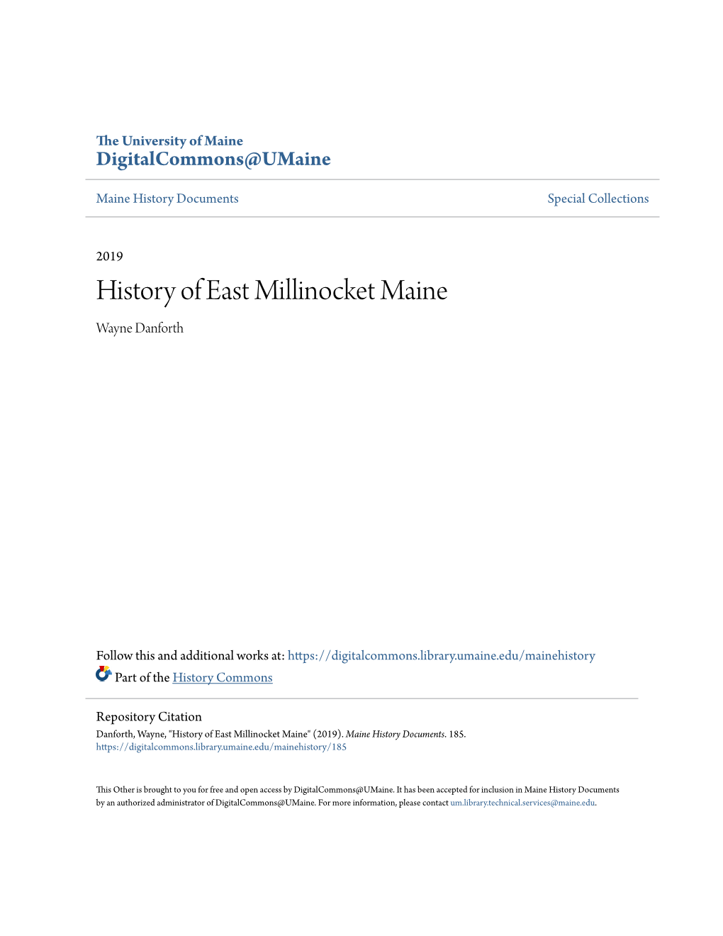 History of East Millinocket Maine Wayne Danforth