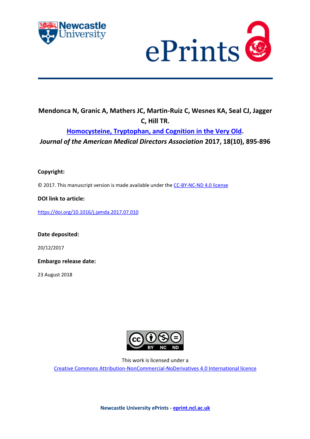 Homocysteine, Tryptophan, and Cognition in the Very Old