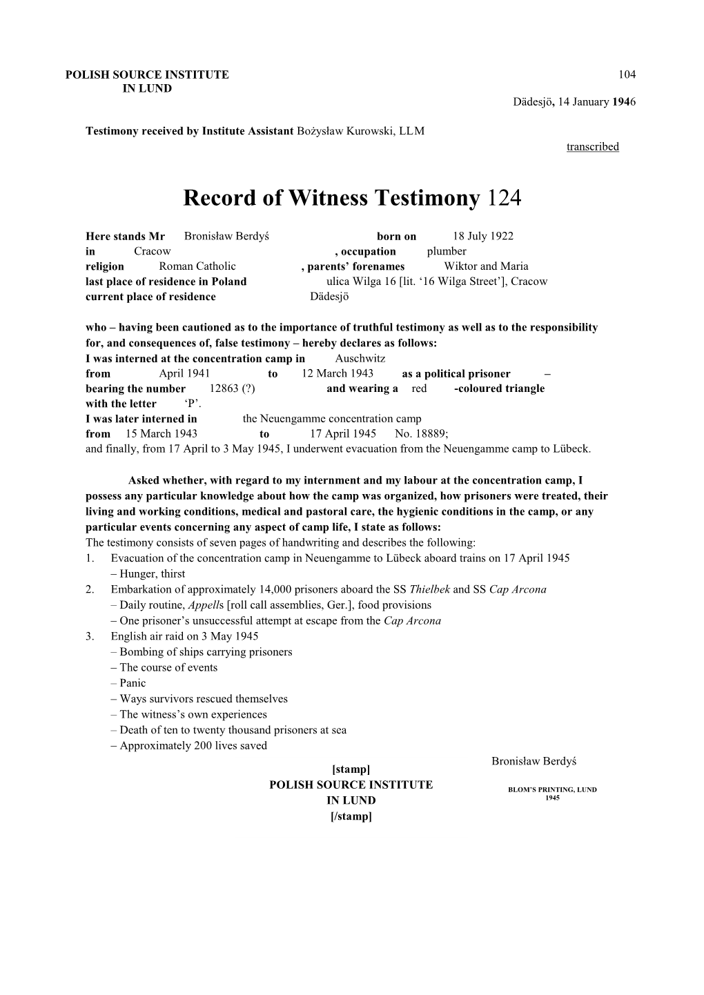 Record of Witness Testimony 124