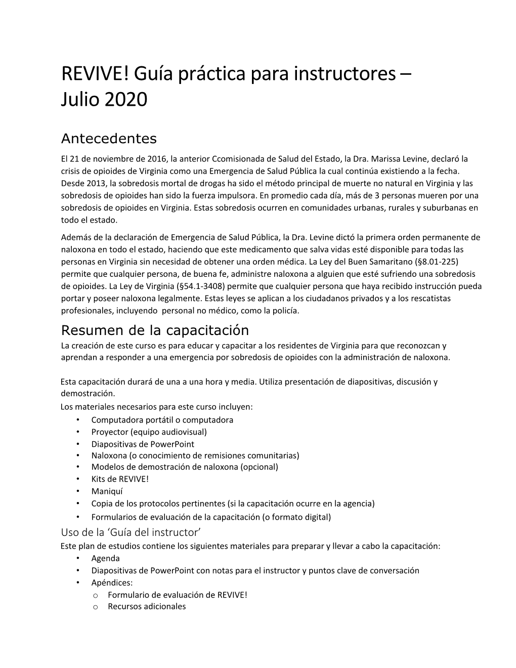 REVIVE! Guía Práctica Para Instructores – Julio 2020