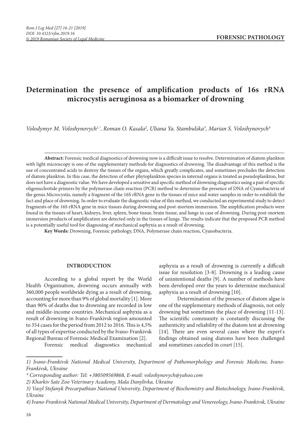 Determination the Presence of Amplification Products of 16S Rrna Microcystis Aeruginosa As a Biomarker of Drowning