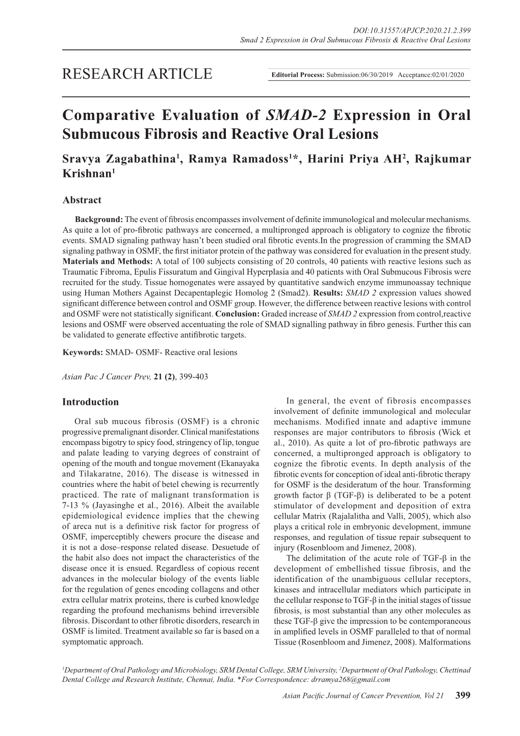 Comparative Evaluation of SMAD-2 Expression in Oral Submucous