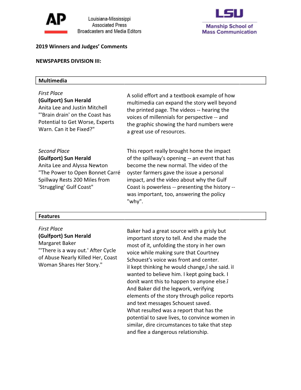 2019 Winners and Judges' Comments NEWSPAPERS DIVISION III