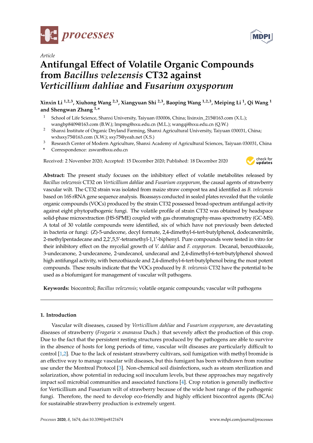 Antifungal Effect of Volatile Organic Compounds from Bacillus