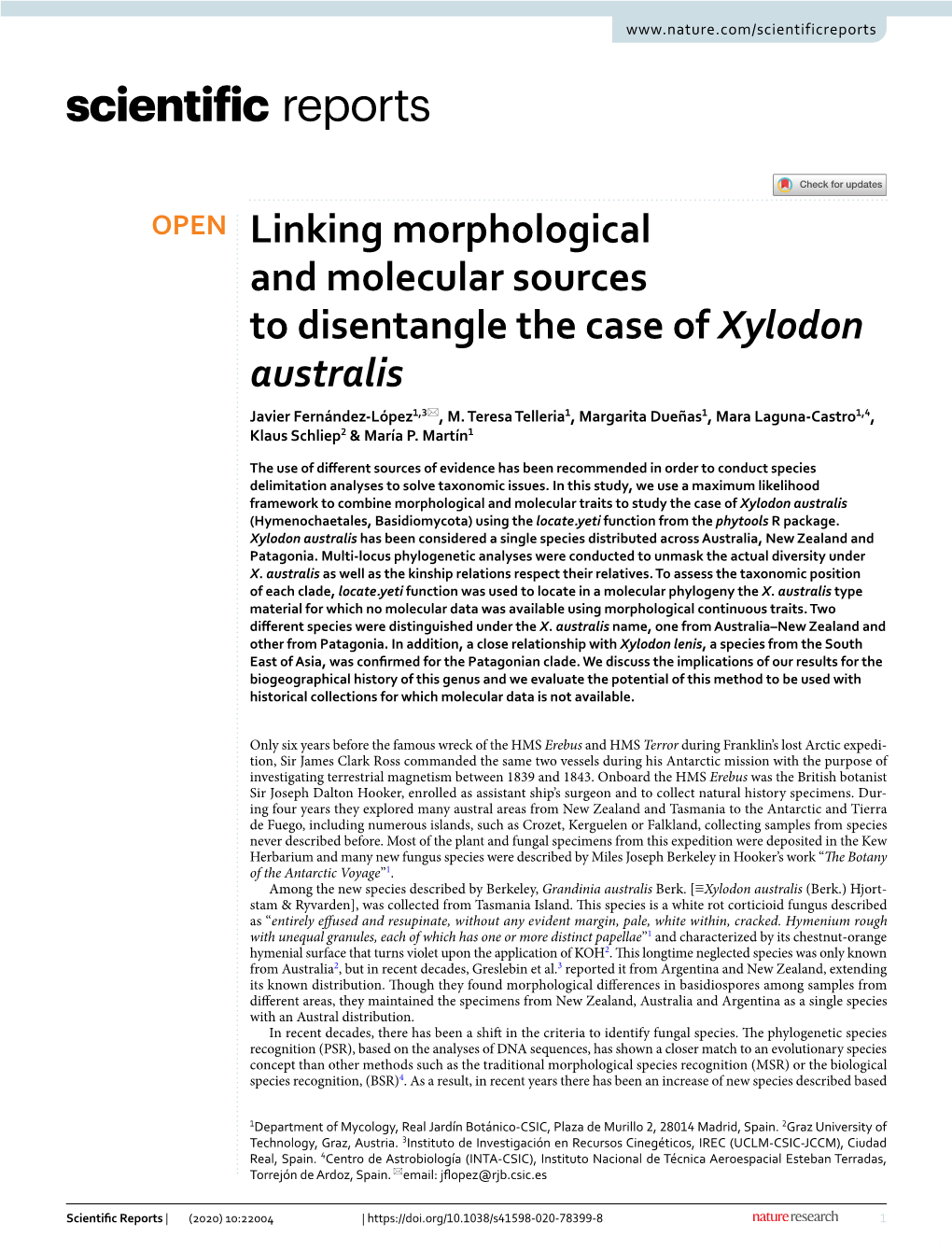 Linking Morphological and Molecular Sources to Disentangle the Case of Xylodon Australis Javier Fernández‑López1,3*, M