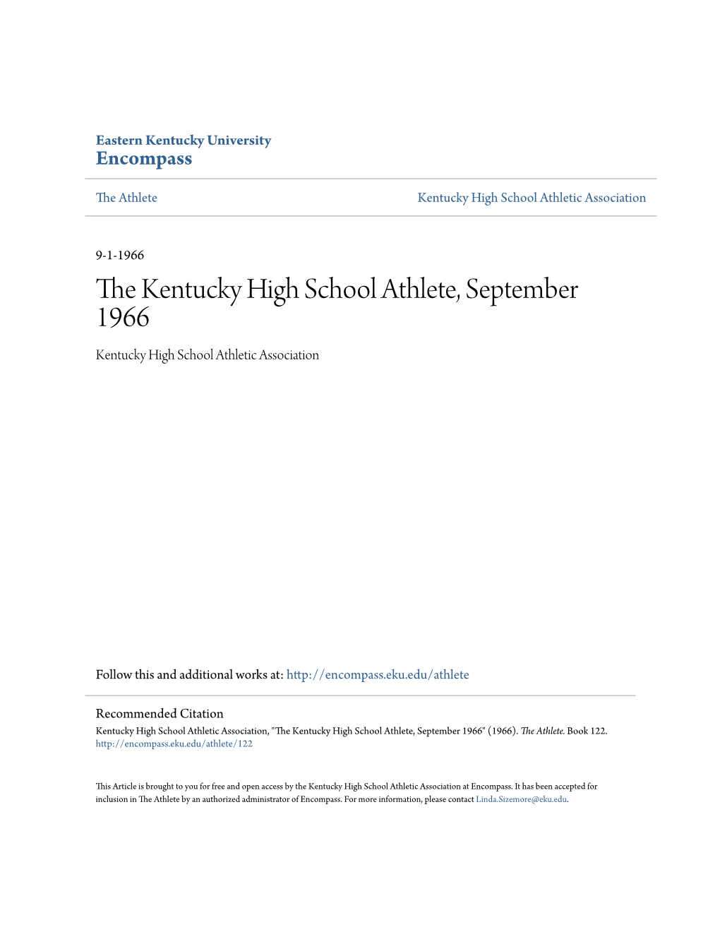 The Kentucky High School Athlete, September 1966 Kentucky High School Athletic Association