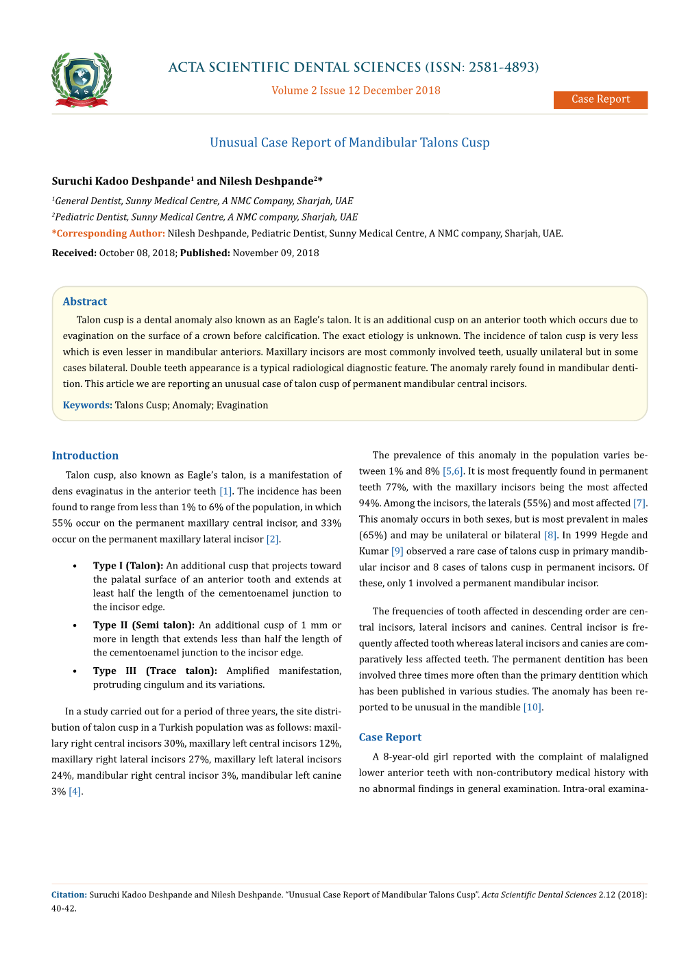 Unusual Case Report of Mandibular Talons Cusp