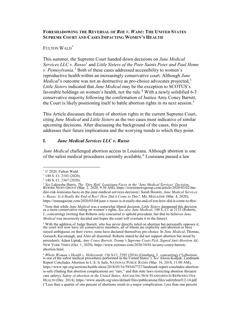 Foreshadowing the Reversal of Roe V. Wade: the United States Supreme Court and Cases Impacting Women’S Health