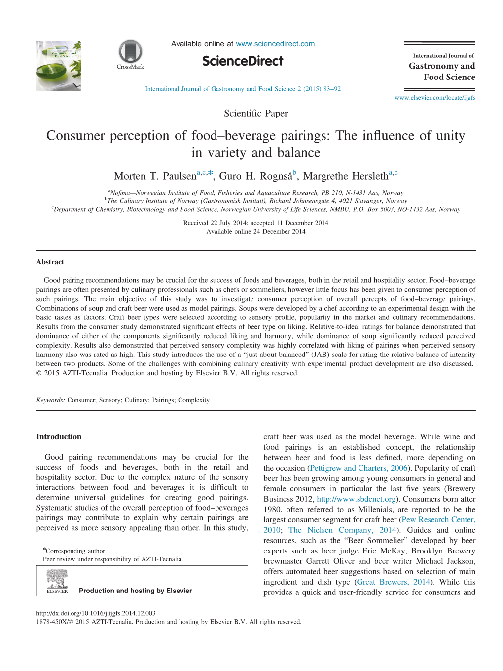 Consumer Perception of Food–Beverage Pairings the Influence