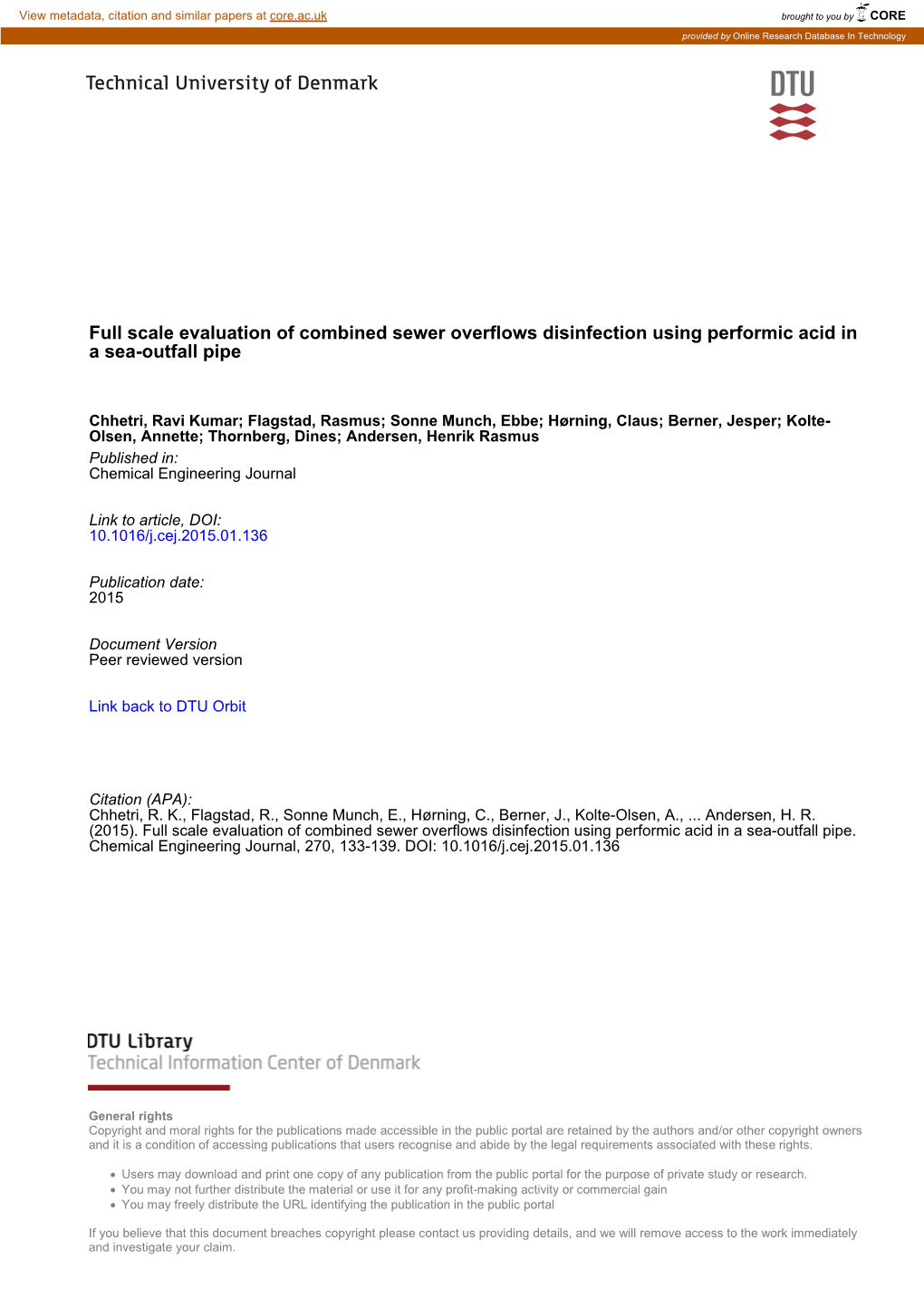 Full Scale Evaluation of Combined Sewer Overflows Disinfection Using Performic Acid in a Sea-Outfall Pipe