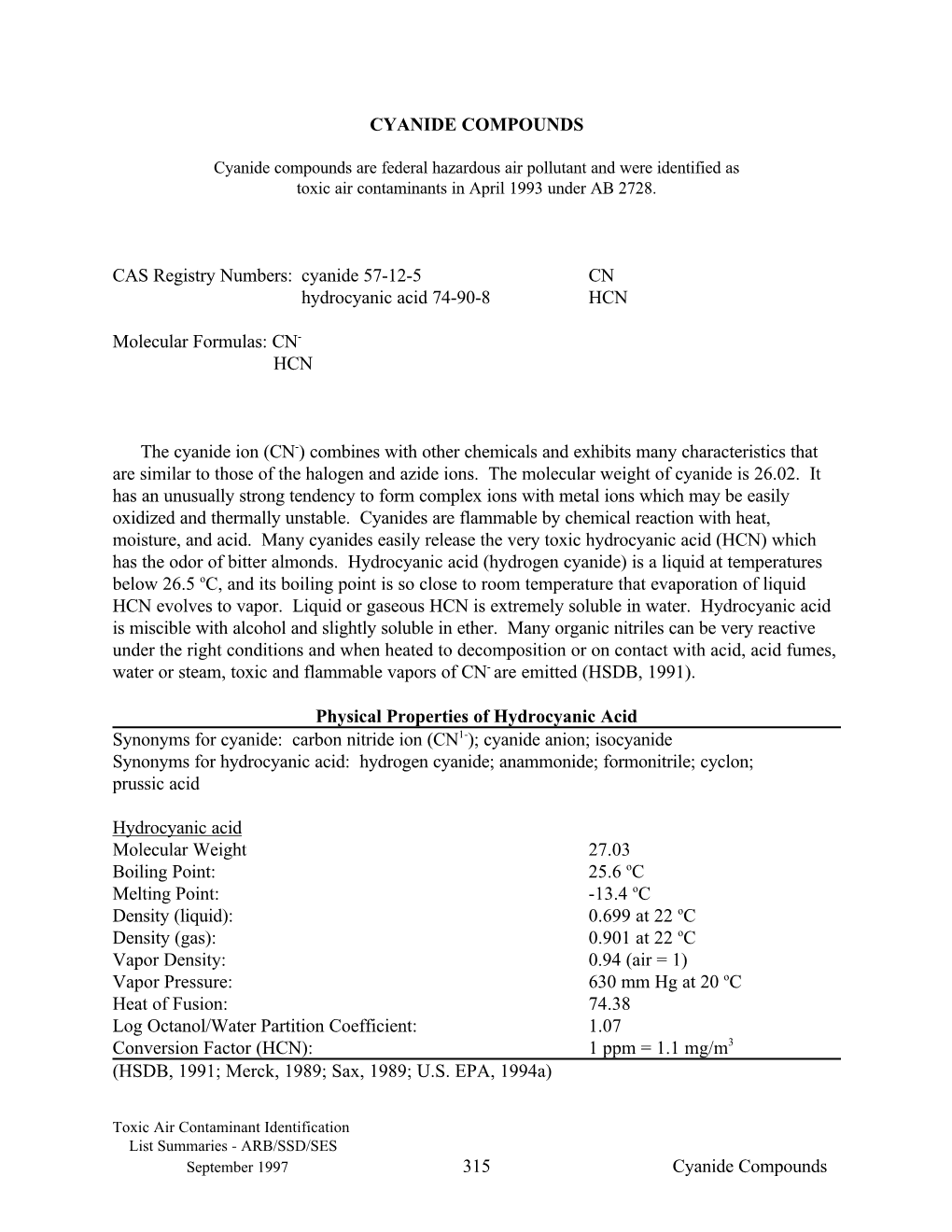 1997-11-12 Cyanide Compounds As Federal Hazardous Air Pollutant