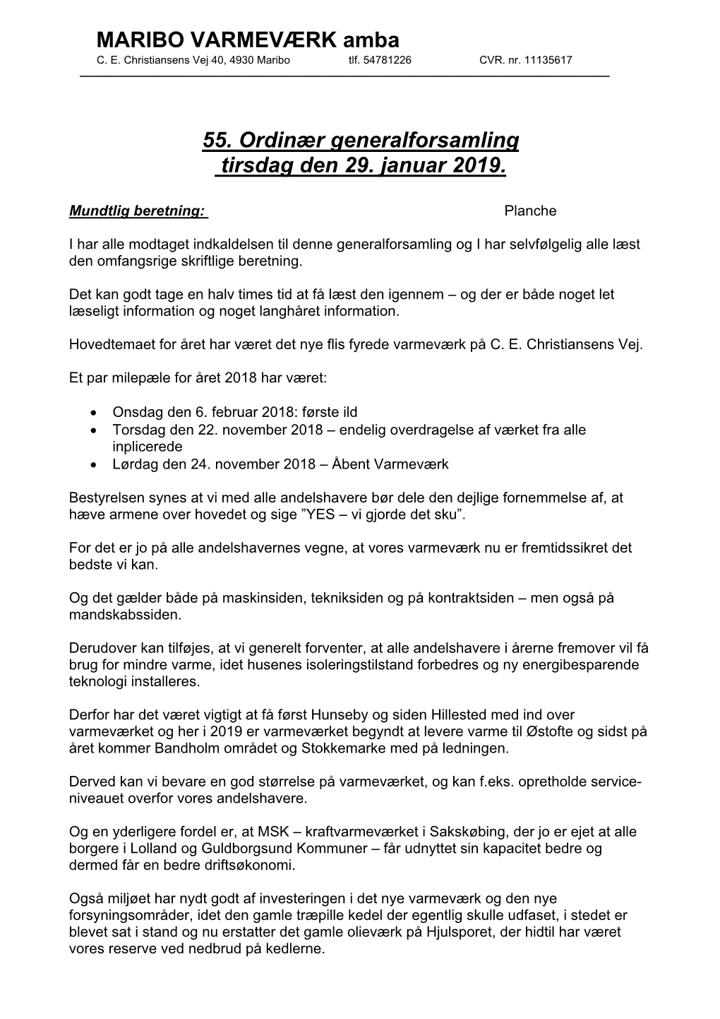 MARIBO VARMEVÆRK Amba 55. Ordinær Generalforsamling Tirsdag