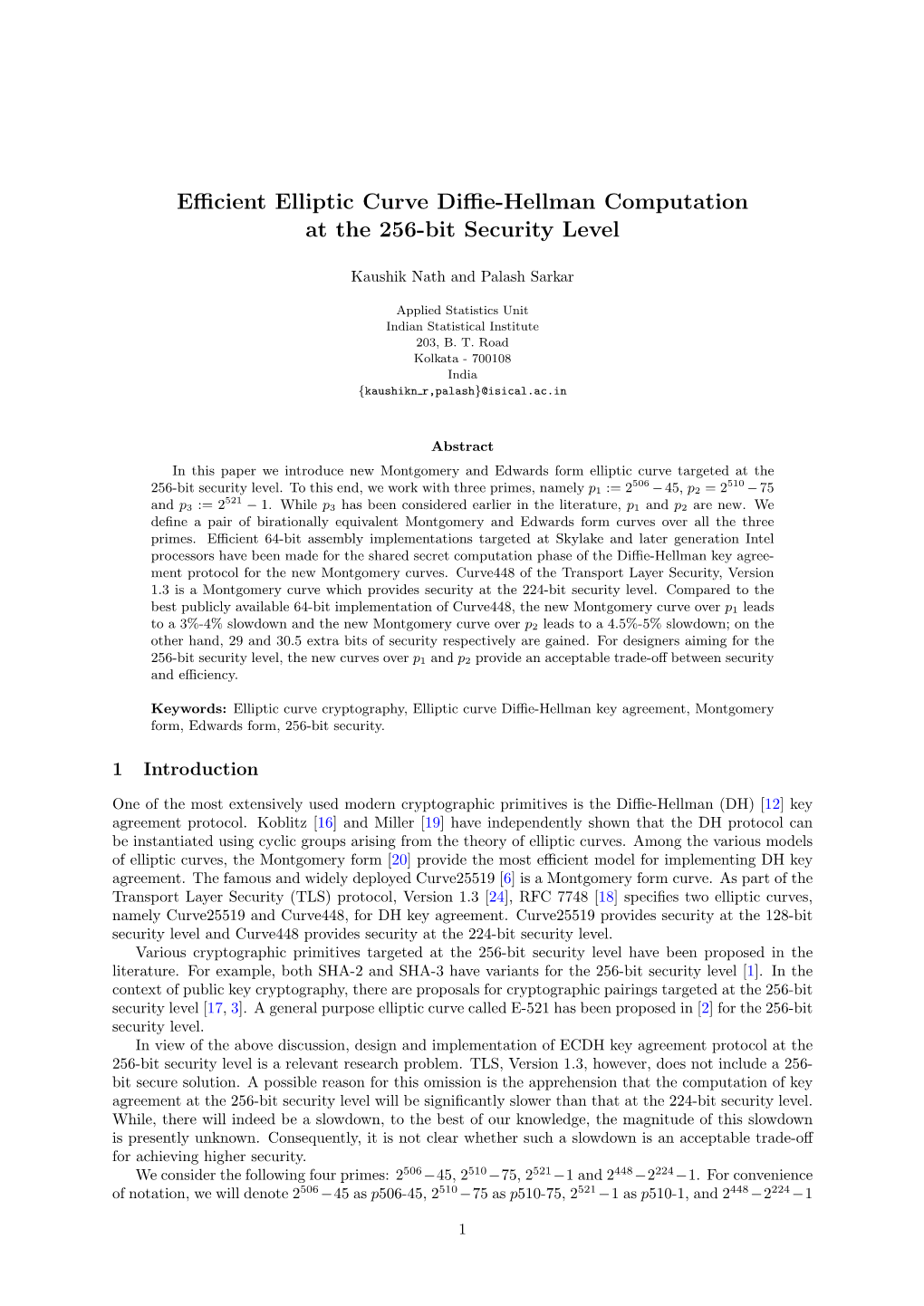 Efficient Elliptic Curve Diffie-Hellman Computation at the 256-Bit Security